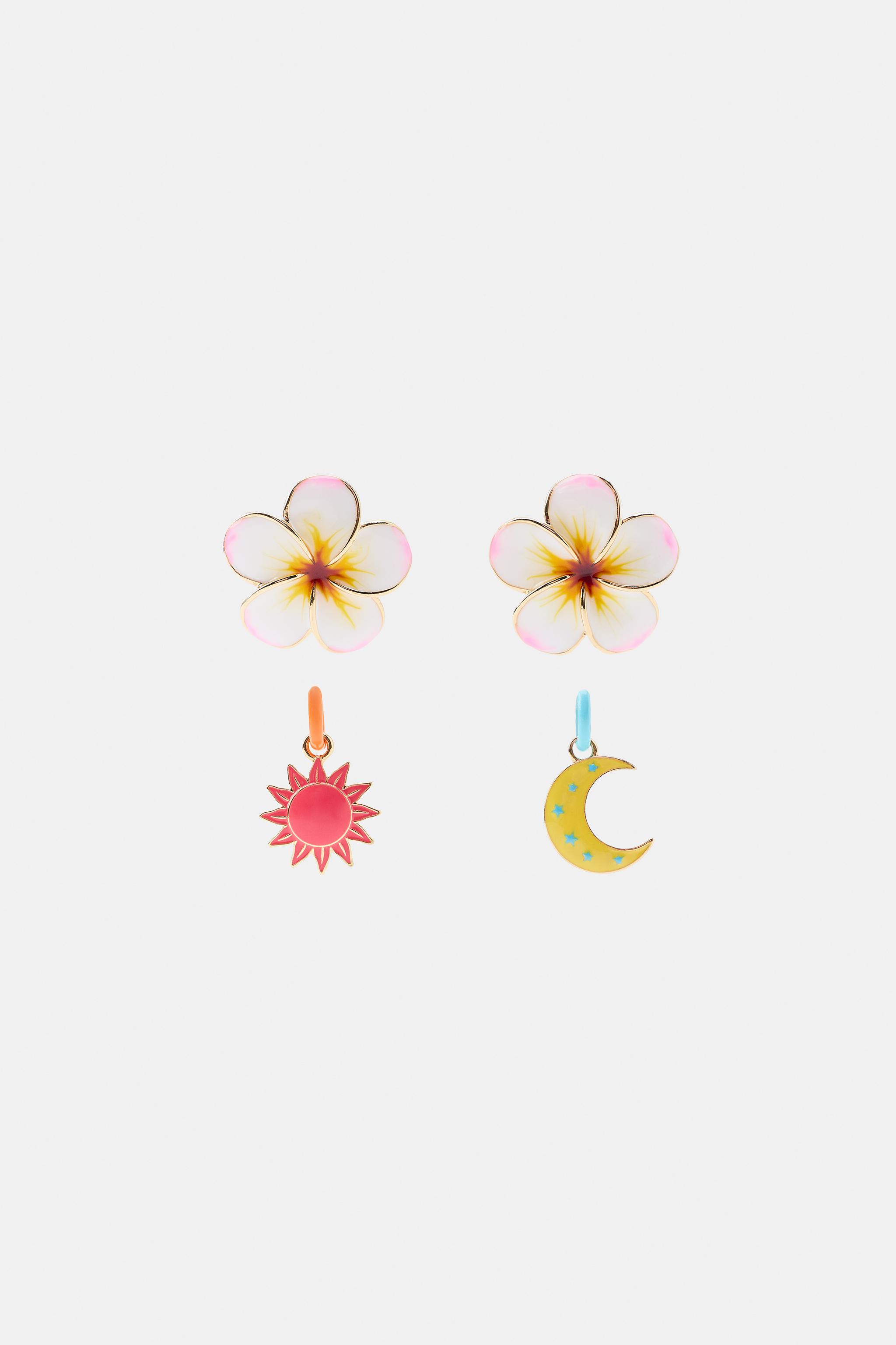 LOT DE BOUCLES D'OREILLES FLEUR, SOLEIL ET LUNE